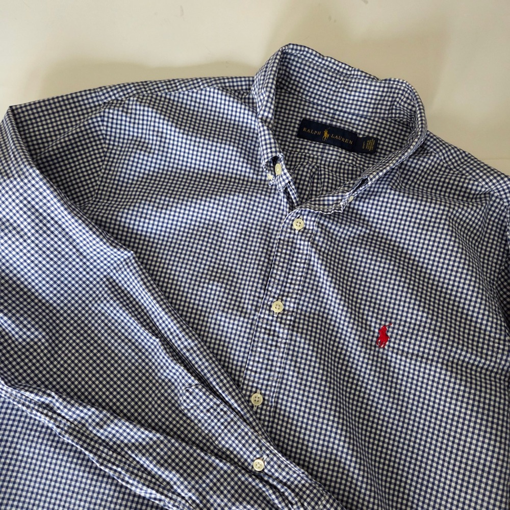 Ralph Lauren Mens Gingham Button Down Shirt Red Pony Logo Blue White Size L